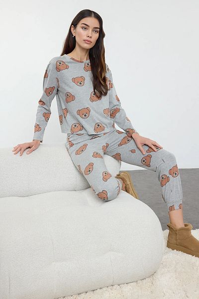 Trendyol Collection Szürke melange pamut pizsama szett mackóval - THMAW23PT00514