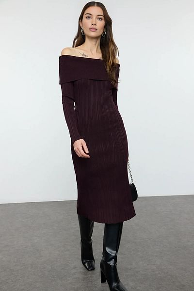 Trendyol Collection Plum Midi Knitwear Basic Carmen Φόρεμα γιακά TWOAW25EL00033