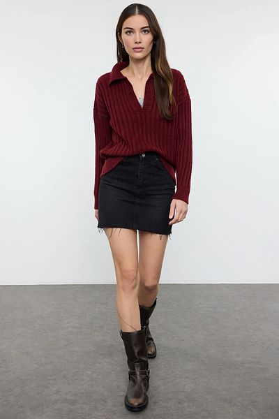Trendyol Collection Pulover tricot cu gât polo cu textura moale bordeaux TWOAW24KZ00678