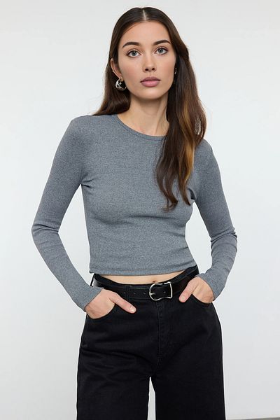 Trendyol Collection Crew Neck Corded Crop Blouse - Stretchy Knitted, Anthracite-Grey, Twoaw22Bz0331