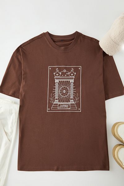 Trendyol Collection Υπερμεγέθη σκούρο καφέ κεντημένο βαμβακερό μπλουζάκι - TMNSS25TS00054