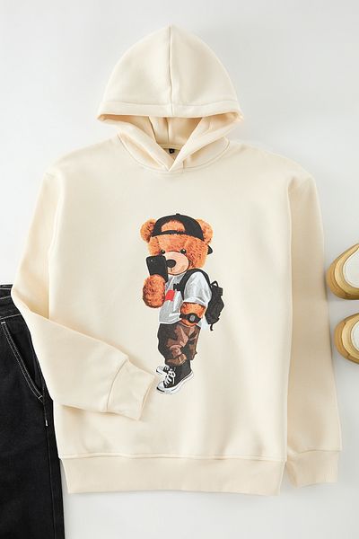 Trendyol Collection Унисекс суитшърт с качулка и качулка от полар в екрю - щампа с плюшено мече Tmnaw25Sw00210