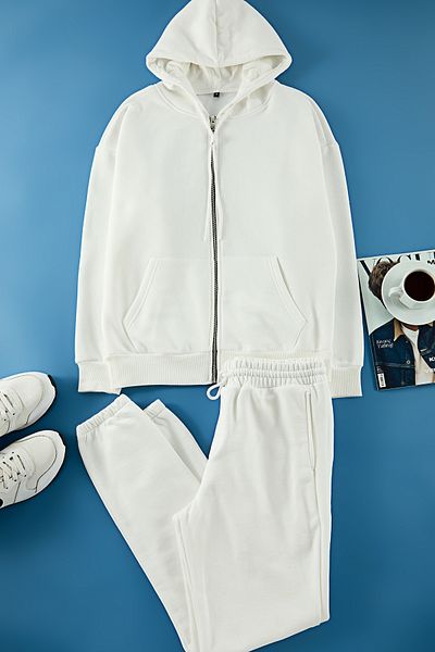 Edit by Trendyol Ecru Oversize/Wide Cut Hooded Zippered Fleece Inside/Warm Dresowe Spodnie Komplet
