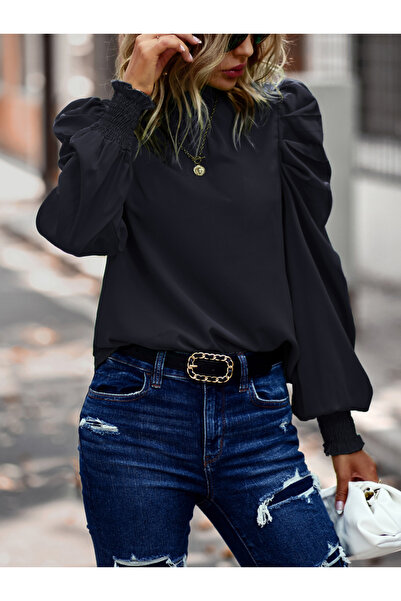 DY By Styli Smocking Puff Sleeves Tie Back Detail Blouse