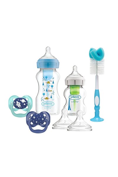 Dr.Brown's طقم حديثي الولادة ذو الفم الواسع باللون الأزرق مع هدية