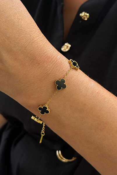 Genel Markalar Çift Taraflı Siyah Mini Yonca Bileklik Çelik