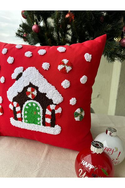punchatolyem Panch Punch Christmas House Model Handmade Throw Pillow Cover Red Color