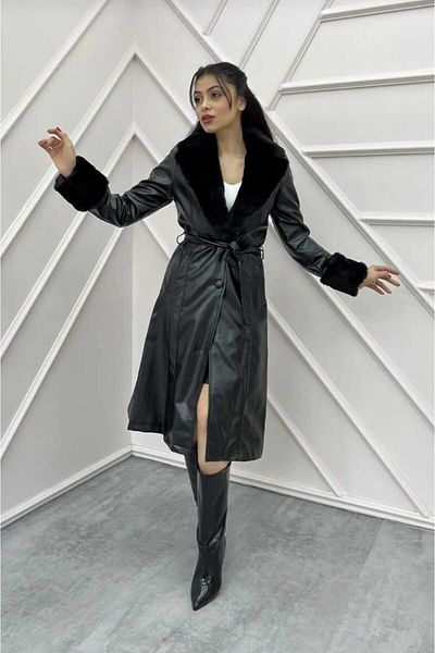 HARMAN BUTİK Women's Leather Trench Coat - Lined and Fur Collar