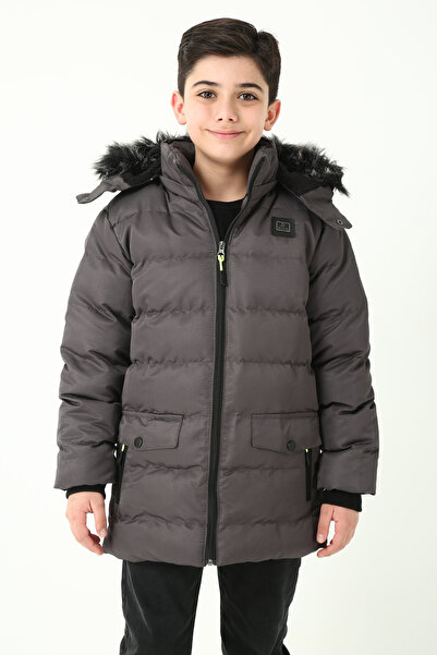 REGOS Erkek Gri Çıkartılabilir Kapüşonlu Içi Kürklü Su Ve Rüzgar Geçirmez Çoçuk Mont Ve Kaban