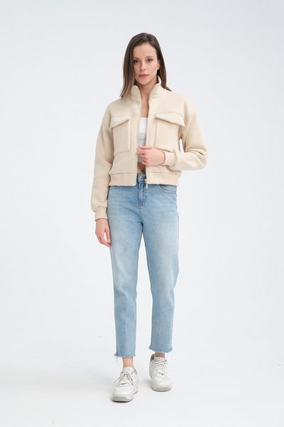 Store Women's Cotton with Fleece Inside with Pocket Crop Jacket-Cardigan