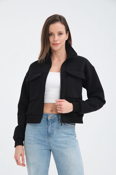 Store Women's Cotton with Fleece Inside with Pocket Crop Jacket-Cardigan