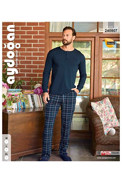 Aydoğan Erkek Modal Kumaş Uzun Kollu Düğmeli Yaka Lacivert Renk Pijama Takımı...