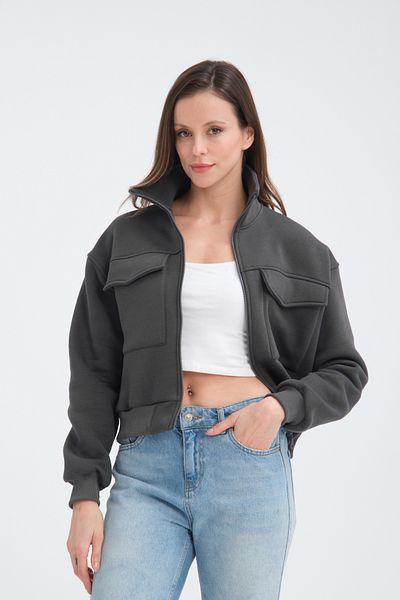 Store Women's Cotton with Fleece Inside with Pocket Crop Jacket-Cardigan