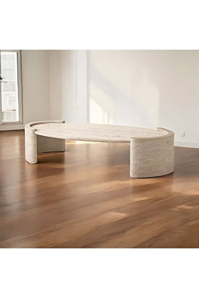Modestmar Traverten Orta Sehpa 65x120cm Yarım Sütun Ayaklı