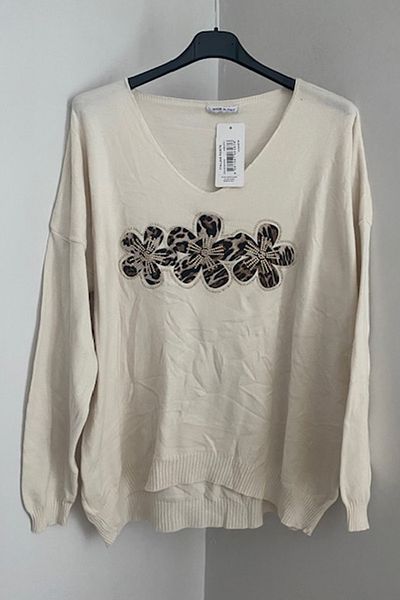 AYASOFYA OTANTIK Women's Italian Ecru V-Neck Leopard Floral Print Long Sleeve Loose Oversize Knitwear Blouse