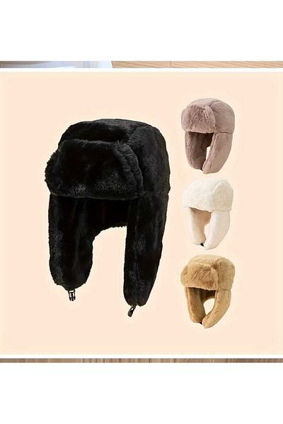 Betülce BETÜLCE Fur Plush Winter Cap Hat Pilot Kalpak Unisex Black Ear Cover with Snap Fasteners