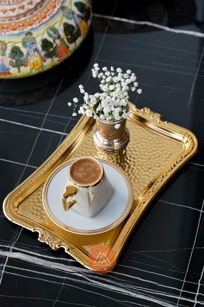 Ahinur Mutfak Tek Kişilik Dövme Desenli Kahve Sunumluk Metal Damat Söz Tepsis...