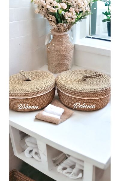 Bohemahomedecor Οργανωτής καλαθιού με ψάθινο καπάκι από γιούτα διακοσμητικό καλάθι