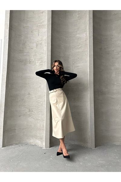 Ecenin Favorileri Buy One Size Small - Stone Faux Leather Belt Midi Skirt