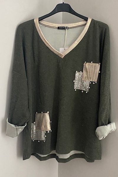 AYASOFYA OTANTIK Χακί V λαιμόκοψη με παγιέτες Loose Oversize Γυναικεία Μπλούζα - Μακρύ μανίκι
