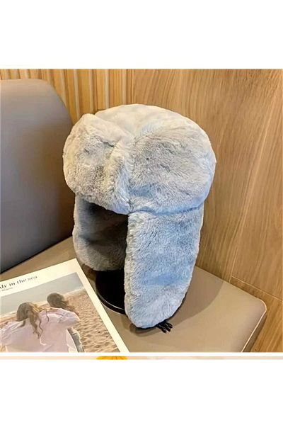 Betülce Pălărie de iarnă din pluș de blană Pilot Ushanka Unisex Gri pentru urechi