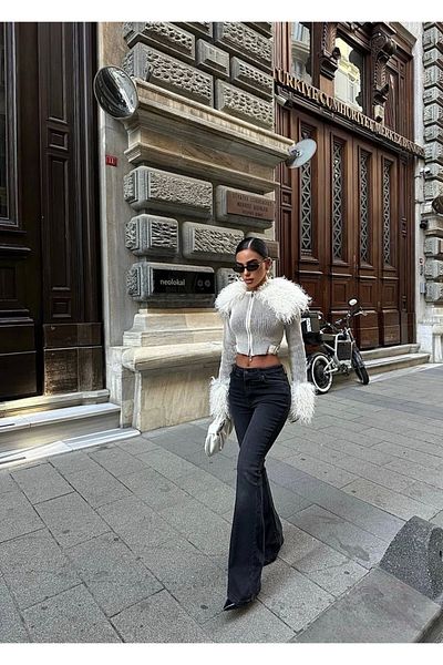 Ecenin Favorileri Pantaloni de damă cu talie înaltă cu picior spaniol din lycra afumat