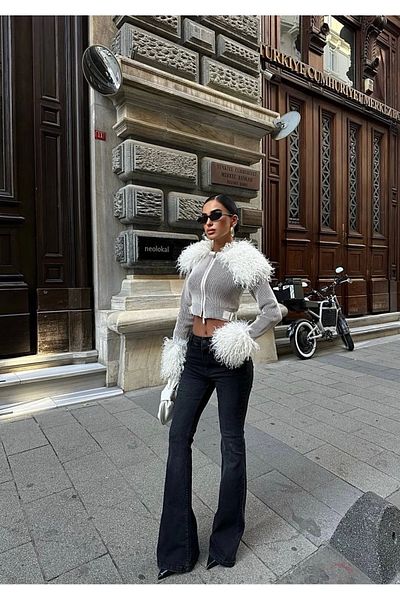 Ecenin Favorileri Pantaloni de damă cu talie înaltă cu picior spaniol din lycra afumat