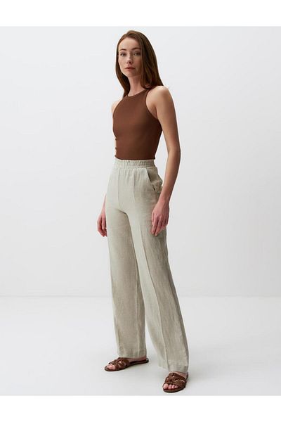 Jimmy Key Beige Melange Wide Leg Linen Trousers with Elastic Waist