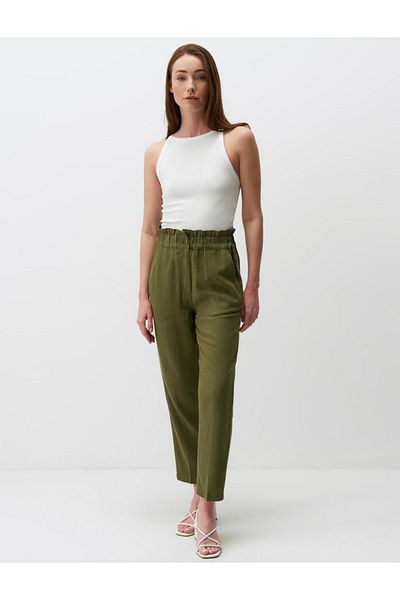 Jimmy Key Khaki High Waist Elastic Waist Linen Trousers