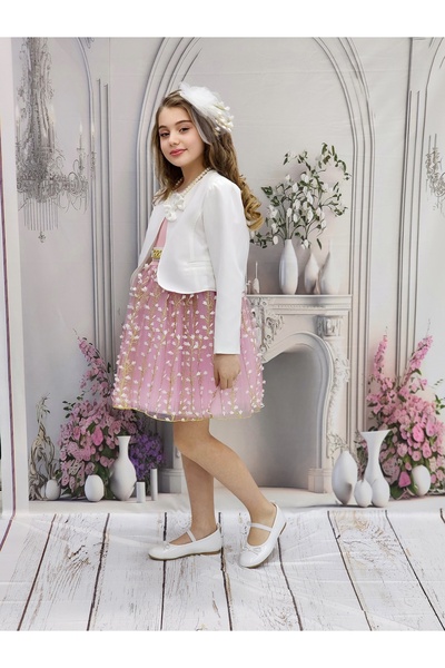 N.S.K NEWSTAR KİDS Girl's Pink Color Fluffy Tulle Lace Dress and White Jacket Combination