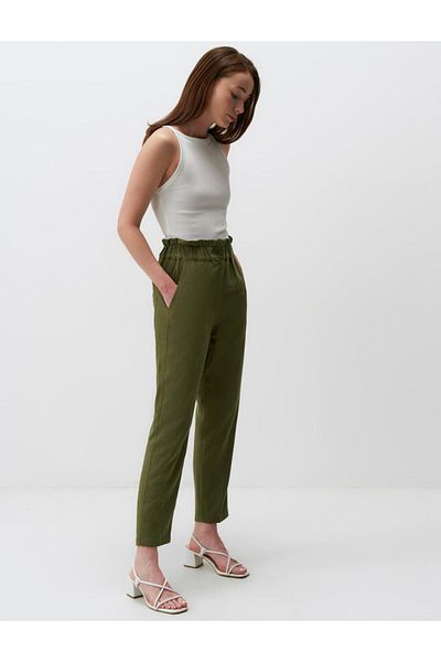 Jimmy Key Khaki High Waist Elastic Waist Linen Trousers
