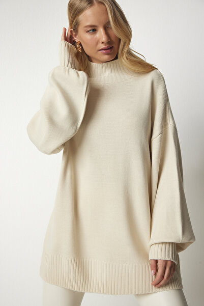 Lovelyİstanbul Dik Yaka Oversize Basic Triko Kazak KREM LYY0046