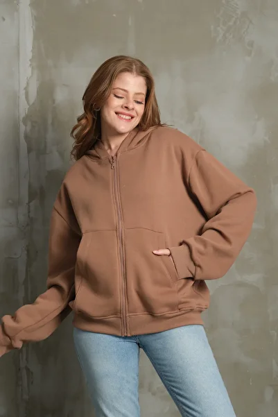 FASİON Women's Basic Zippered Hooded Oversize Cardigan