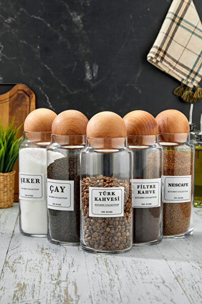 FBZhome 5'li Ahşap Top Kapaklı 1300 Ml Etiketli Çay Şeker Kahve Cam Saklama K...
