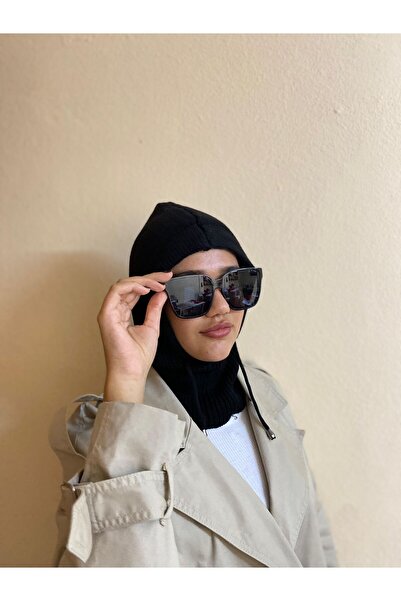 sema aksesuar Siyah Tesettür Örgü Bere - Kışlık Siyah Bere - Kapüşonlu Bere - Kayak Beresi - Balaklava Balaclava