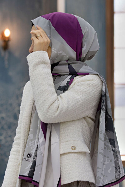 Vissona Luxury Medina Geometric Patterned Mink - Damson Colored 75X195 Wrinkle Free Shawl Moss Crepe Stitch Type Italy