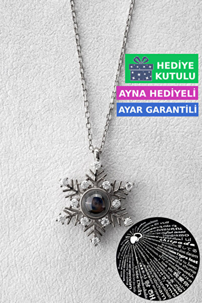 Jewelmim Yüz 100 Dilde Seni Seviyorum Yazan 18 Ayar Beyaz Altın Kaplama 925 Ayar Kadın Gümüş Kar Tanesi Kolye