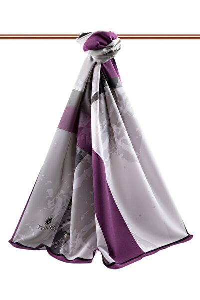 Vissona Luxury Medina Geometric Patterned Mink - Damson Colored 75X195 Wrinkle Free Shawl Moss Crepe Stitch Type Italy