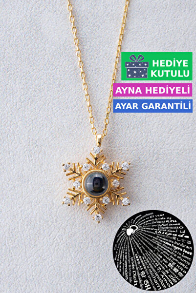 Jewelmim Yüz 100 Dilde Seni Seviyorum Yazan 18 Ayar Sarı Altın Kaplama 925 Ayar Kadın Gümüş Kar Tanesi Kolye