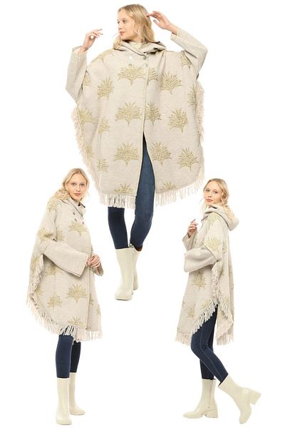 marufshop Women's Large Size Tassel Detailed Hooded Winter Thick Plane Patterned Poncho