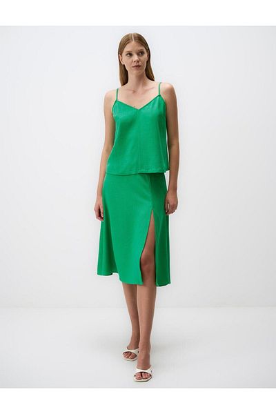 Jimmy Key Green Slit Detailed High Waist Linen Midi Skirt