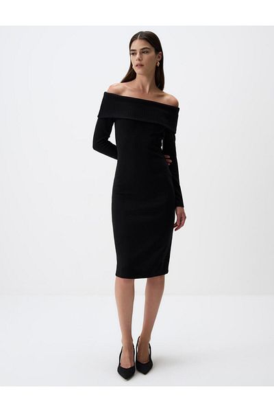 Jimmy Key Black Off-The-Shoulder Long Sleeve Knitted Midi Dress