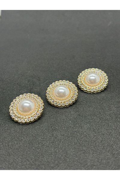 BEİLYS COSMETİCS & ACCESSORY Classic Pearl Model Gold Case Stone Button - 3 Pieces (2.20cm)