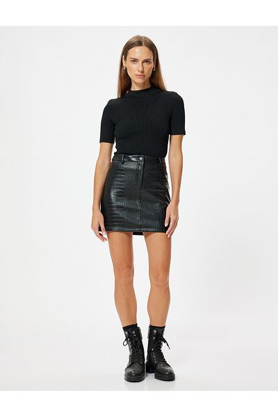 Koton Black Women's Faux Leather Mini Skirt
