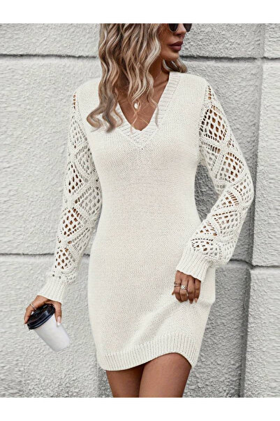 JANES Rochie de damă, cu mânecă lungă, cu decolteu în V, mini tricot