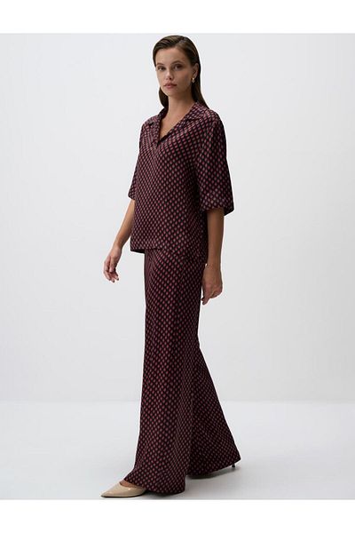 Jimmy Key Burgundy Relaxed Fit Wide Leg Patterned Trousers