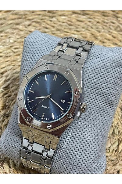 Brality Steel Band Men's Watch- Silver Color Case- Silver Color Band - Navy Blue Dial- 6051