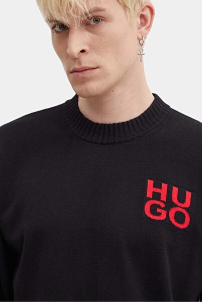 HUGO Erkek Bisiklet Yaka Regular Fit Marka Logolu Uzun Kollu Siyah Kazak 50516617-001