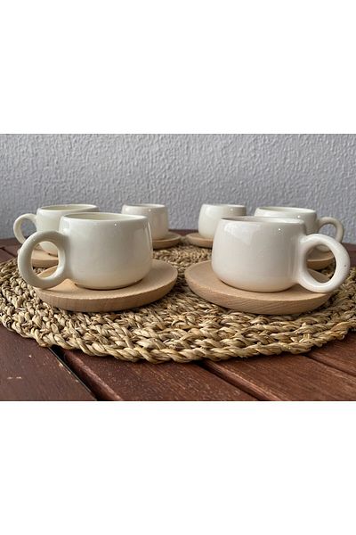 SeM Porselen Luxury Chubby Model White Coffee Cup for 6 People with 12 Pieces Wooden Plates
