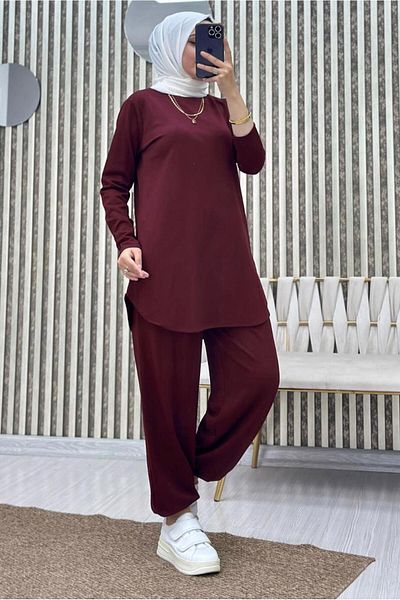 TRENDTESETTÜR Set de damă roșu Claret - T 5690 cu pantaloni cu talie elastică